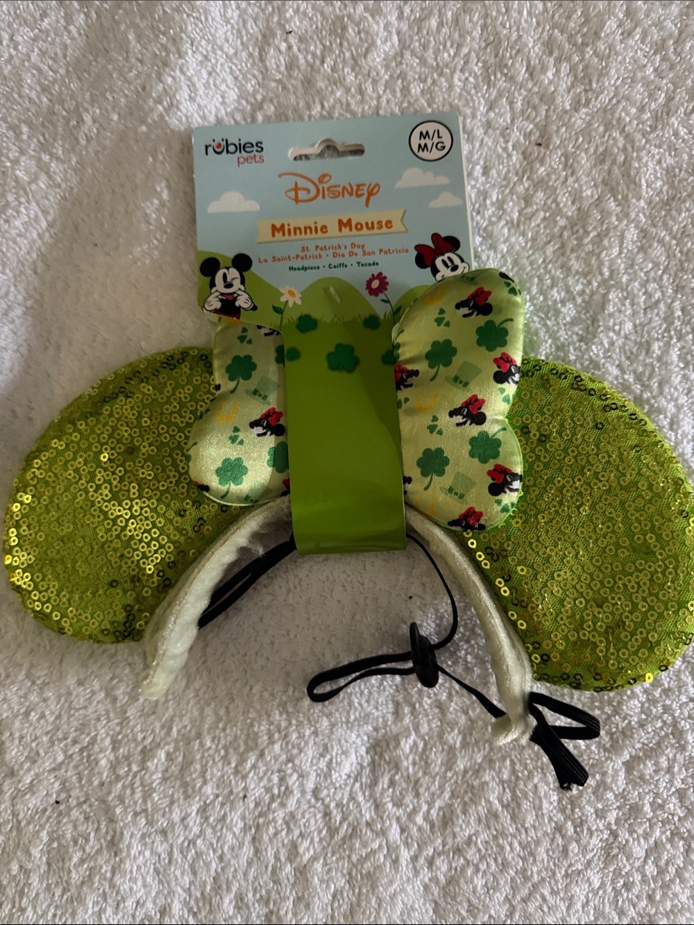Disney Minnie Mouse Green Sequin Shamrock Ears for Dogs. Size M/L.